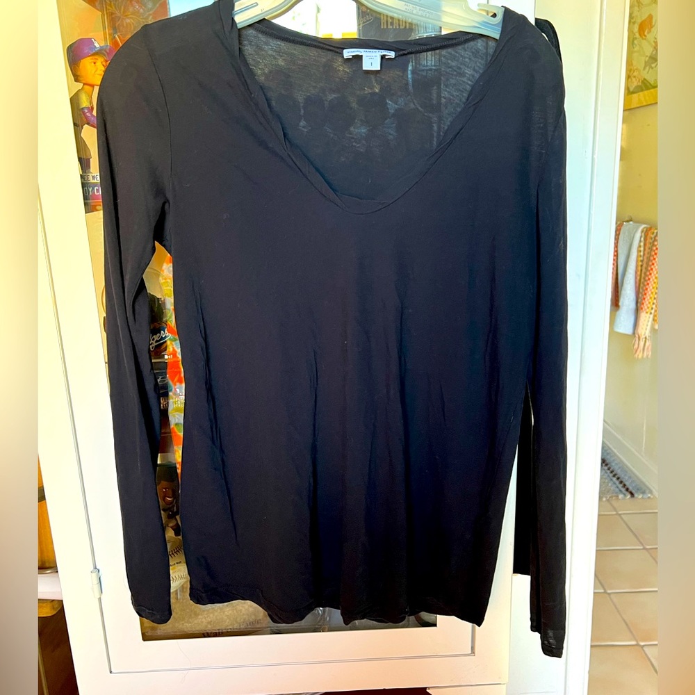 James perse womens long sleeve slub v neck black
